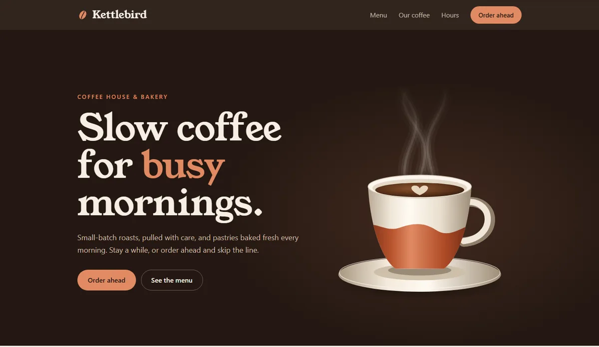 Sample design for a coffee house: a cream and terracotta home page with a steaming cup beside the headline.