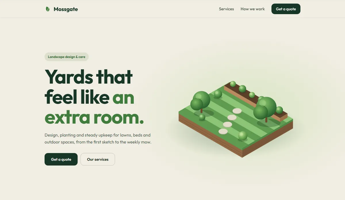 Sample design for a landscaping company: a green home page with a 3D garden plot beside the headline.