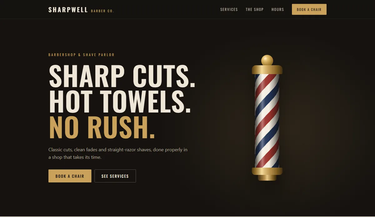 Sample design for a barbershop: a dark, warm home page with a barber pole beside the headline.